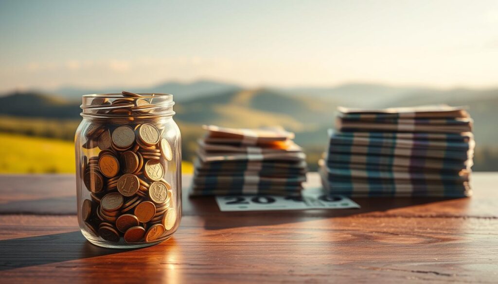 A beautifully crafted composition depicting the concept of "megtakarítás" (savings). In the foreground, a glass jar filled with glittering gold coins sits atop a polished wooden table, casting a warm glow. In the middle ground, carefully stacked piles of currency notes in varying denominations convey a sense of financial security and growth. The background features a softly blurred, serene landscape with rolling hills and a clear sky, evoking a peaceful, prosperous atmosphere. The entire scene is illuminated by natural, diffused lighting, creating a sense of tranquility and financial well-being. This image perfectly encapsulates the essence of thoughtful savings strategies for different life stages.