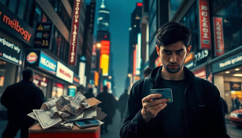 A bustling city street at night, the neon glow of shop signs and streetlamps casting an eerie, cautionary light. In the foreground, a person stands, credit card in hand, a look of confusion and concern on their face. Behind them, shadowy figures lurk, hinting at the potential dangers of careless card usage. The mid-ground features a jumble of receipts, crumpled bills, and a smartphone, symbolizing the financial mess that can result from credit card missteps. In the background, towering skyscrapers loom, a metaphor for the overwhelming nature of modern financial systems. The overall mood is one of unease and caution, underscoring the need for vigilance and responsible credit card management.