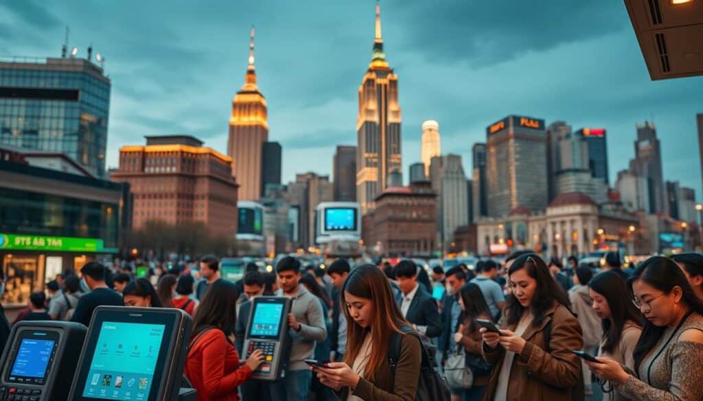 A bustling cityscape at dusk, with a diverse array of modern payment terminals and mobile devices dotting the foreground. In the middle ground, people engage in seamless transactions, their faces illuminated by the soft, warm glow of digital screens. The background features an array of architectural styles, reflecting the evolution of financial infrastructure. The scene conveys a sense of technological advancement, convenience, and the adoption of alternative payment solutions that are transforming the urban landscape.