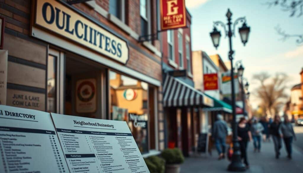 A bustling local directory, showcasing a variety of neighborhood businesses and services. The foreground features neatly organized listings, with icons and simplified graphics to highlight categories like restaurants, shops, and professional services. The middle ground depicts the façade of a quaint, brick-and-mortar establishment, its windows adorned with hand-painted signage. In the background, a lively street scene unfolds, with pedestrians strolling past charming storefronts and lampposts casting a warm, inviting glow. The overall mood is one of community, accessibility, and the vibrant energy of a thriving local economy, captured through a lens of crisp realism and a subtle vintage aesthetic.