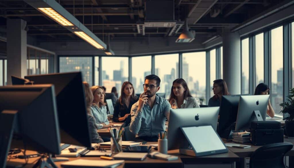 A bustling office scene, illuminated by soft, warm lighting from overhead fixtures. In the foreground, a desk with a desktop computer and various office supplies, conveying the sense of a busy workday. In the middle ground, a group of employees engaged in discussion, their expressions reflecting a mix of focus and concern, hinting at the different types of risks they may be tackling. In the background, a city skyline visible through large windows, suggesting the wider business environment and the challenges faced by organizations. The overall atmosphere is one of thoughtful contemplation, with a touch of unease, as the employees navigate the complexities of risk management.