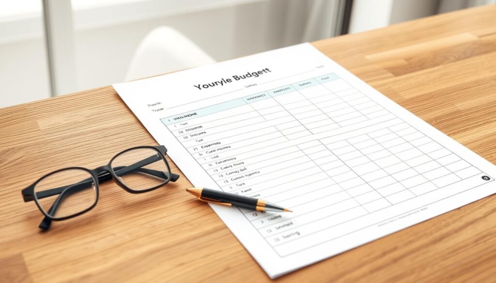 A clean, minimalist spreadsheet-style budgeting template, neatly laid out on a wooden desk with a warm, natural lighting. The form has clearly defined sections for income, expenses, and savings goals, with simple yet intuitive icons and clean typography. A pen and a pair of glasses rest next to the spreadsheet, creating a sense of a thoughtful, organized approach to personal finance. The background features a soft, blurred office environment, emphasizing the focus on the budgeting task at hand. The overall mood is one of productivity, control, and financial clarity.