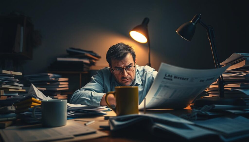 A cluttered desk, papers strewn haphazardly, coffee mug teetering precariously. In the foreground, a frustrated investor examining financial documents, brow furrowed in concentration. The background dimly lit, casting an ominous atmosphere, highlighting the sense of unease. Shadows creep across the scene, reflecting the weight of poor investment decisions. A single flickering desk lamp casts an eerie glow, emphasizing the feelings of confusion and uncertainty. The composition conveys the common pitfalls novice investors face, a cautionary tale of the "investeringsfeil" that can derail even the most well-intentioned plans.