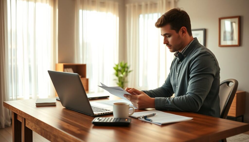 A comfortable, well-furnished home office with a wooden desk, a laptop, a pen, and some financial documents. The room is illuminated by warm, natural lighting streaming through large windows, creating a sense of openness and tranquility. On the desk, a calculator, a cup of coffee, and a focused individual carefully reviewing the documents, deep in thought about their financial decisions. The walls are adorned with minimal, tasteful decor that reflects a professional yet inviting atmosphere. The overall scene conveys a sense of thoughtful consideration and careful planning for a successful loan application.