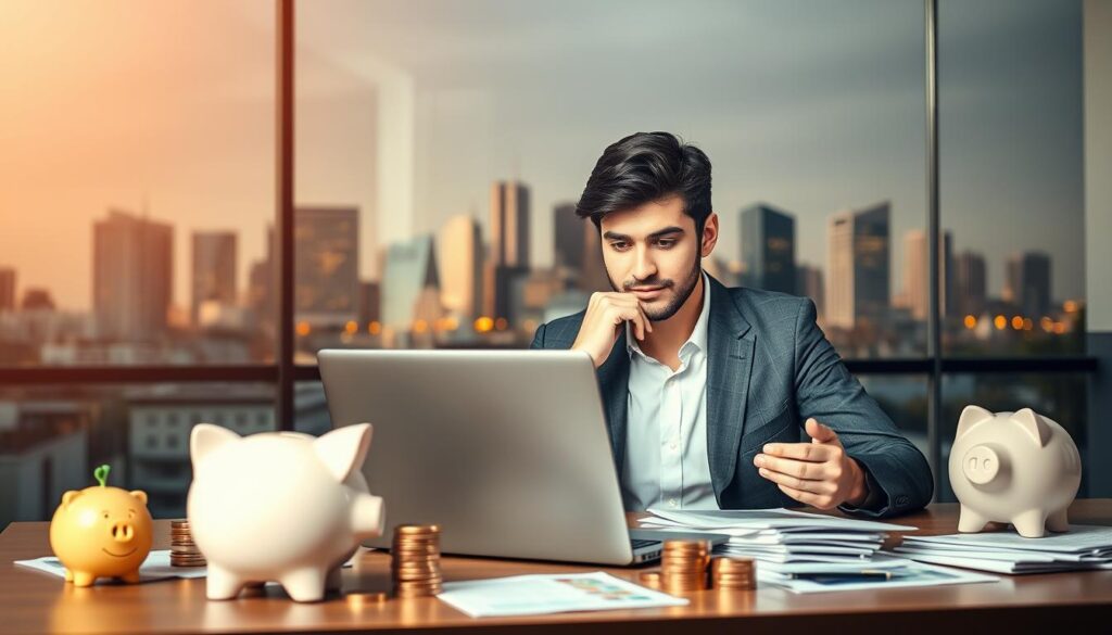 A contemporary financial planning scene depicting various savings strategies. In the foreground, a person in business attire sits at a desk, contemplating investment options on a laptop. Behind them, a neat arrangement of piggy banks, coins, and financial documents suggests a considered approach to money management. The middle ground features a skyline of modern buildings, hinting at the urban, professional context. Warm, diffused lighting casts a contemplative atmosphere, while a shallow depth of field keeps the focus on the central figure's thoughtful expression. The overall mood conveys prudence, discipline, and a thoughtful approach to personal finance.