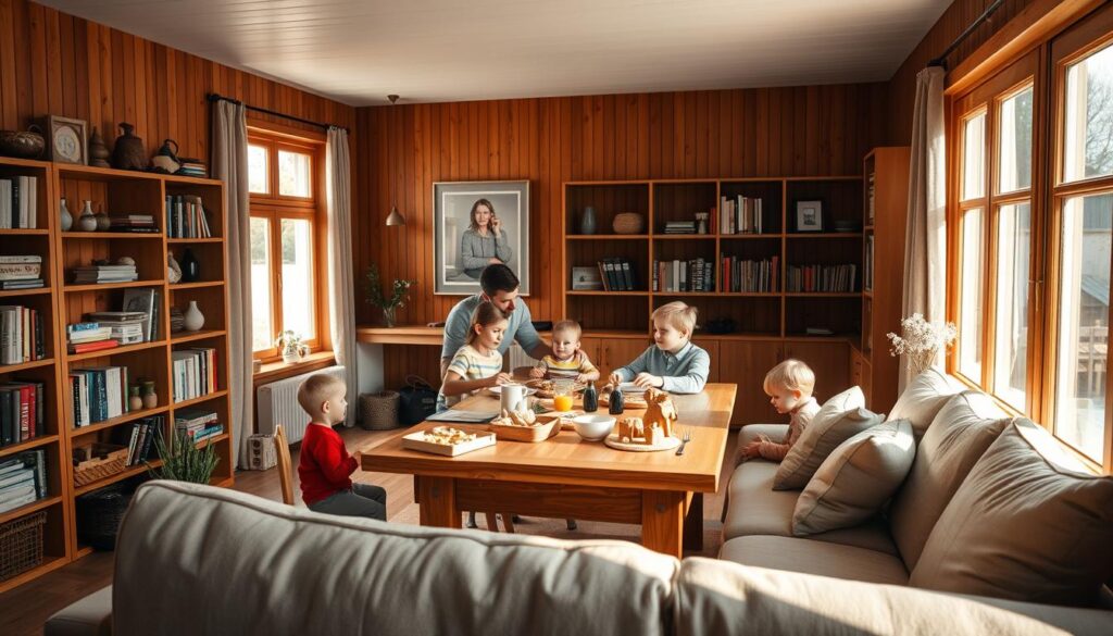 A cozy Norwegian living room, bathed in warm, natural light filtering through large windows. In the foreground, a young family gathers around a wooden dining table, enjoying a simple yet wholesome meal. The father and mother converse animatedly, while their two children play with wooden toys nearby. Bookshelves line the walls, and a plush, neutral-toned sofa anchors the seating area. The overall atmosphere exudes a sense of comfort, security, and contentment - a quintessential representation of the diverse "livssituasjoner" found in Norwegian households.