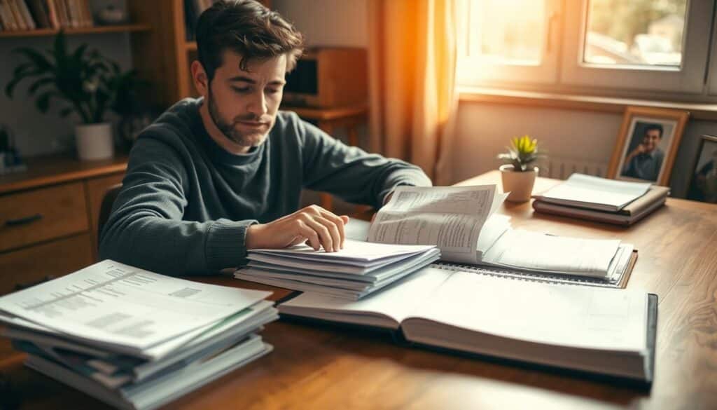 A cozy domestic scene of a person sitting at a wooden table, poring over financial documents and bills. Warm natural lighting filters through the window, casting a soft glow on the organized stacks of papers and a meticulously maintained ledger. In the background, a small potted plant and a framed photograph add personal touches to the space. The individual's expression is focused yet relaxed, embodying the mindful approach to personal finance management. The overall atmosphere conveys a sense of control, productivity, and financial well-being.
