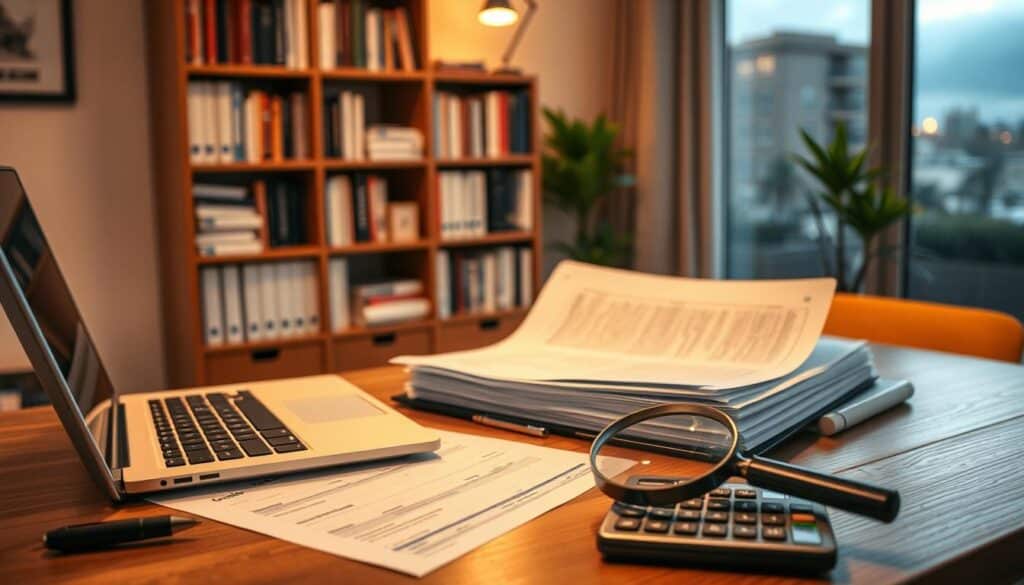 A cozy home office scene, illuminated by warm, soft lighting. On the desk, an open laptop and a stack of documents, representing the process of tax planning and financial management. In the foreground, a magnifying glass and a calculator, symbolizing the careful analysis of tax deductions and savings opportunities. The background features a bookshelf filled with finance-related books, as well as a window overlooking a serene urban landscape, suggesting the broader context of retirement planning and financial security.