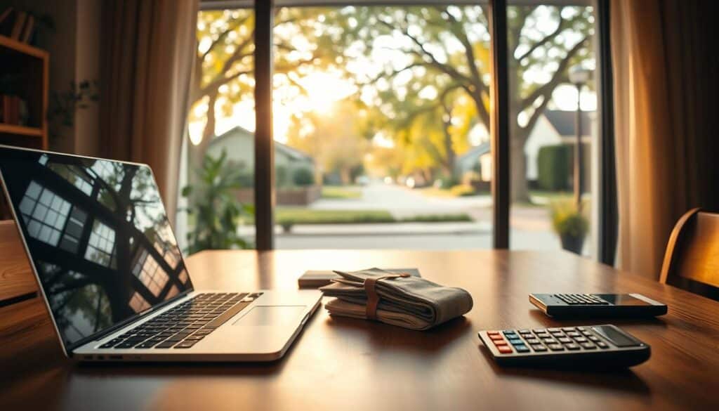 A cozy home office with a laptop, a stack of bills, a wallet, and a calculator neatly arranged on a wooden desk. Soft, warm lighting casts a gentle glow, creating a contemplative atmosphere. The scene is framed by a large window, offering a view of a peaceful suburban street with leafy trees swaying in the breeze. The overall mood is one of focused productivity and financial mindfulness, reflecting the daily routines and habits that contribute to personal financial well-being.
