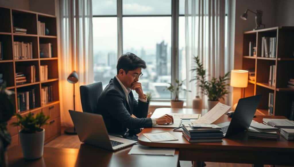 A cozy office scene with a businessperson sitting at a desk, deep in thought, surrounded by financial documents, a laptop, and a potted plant. Warm, diffused lighting illuminates the scene, creating a sense of focus and productivity. In the background, a bookshelf and a window overlooking a cityscape, hinting at the broader context of the "Vergi Optimizasyonu" topic. The overall mood is one of concentration and diligence, reflecting the importance of tax optimization within the financial realm.