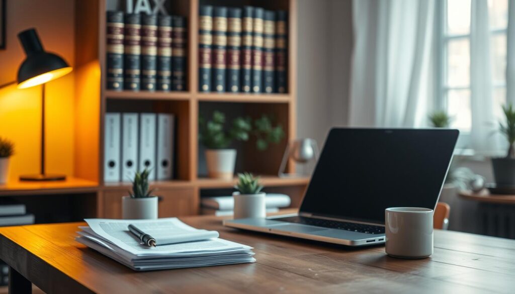 A cozy, softly lit office scene with a wooden desk, a laptop, and a small stack of documents. In the background, a bookshelf with law books and financial records. The lighting casts a warm, contemplative glow, hinting at the thoughtful process of tax planning and investment strategy. A few potted plants add a touch of liveliness, while the overall atmosphere conveys a sense of focused professionalism and attention to detail. The composition emphasizes the importance of carefully considering the tax implications when making investments in Hungary.
