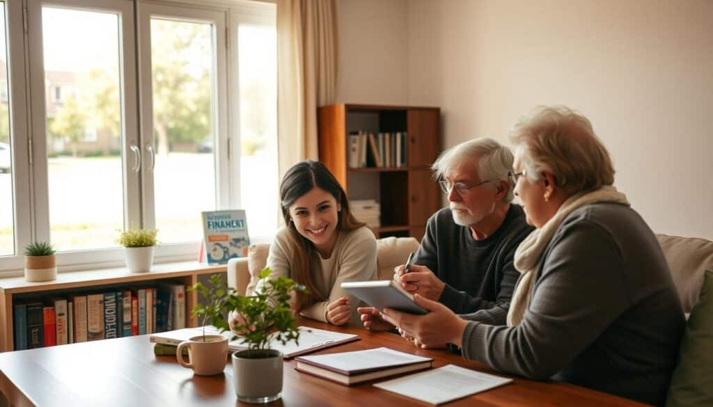 A cozy, warm-lit living room with a family gathered around a table, engaged in a lively discussion about various money-saving strategies. In the foreground, a young adult is jotting down notes on a tablet, while an older couple shares their insights. In the middle ground, a bookshelf displays financial management guides and a small potted plant adds a touch of nature. The background features a window overlooking a serene, sun-dappled suburban street, creating a sense of tranquility and everyday life. The overall atmosphere is one of collaboration, thoughtfulness, and a shared commitment to practical, down-to-earth solutions for managing personal finances.