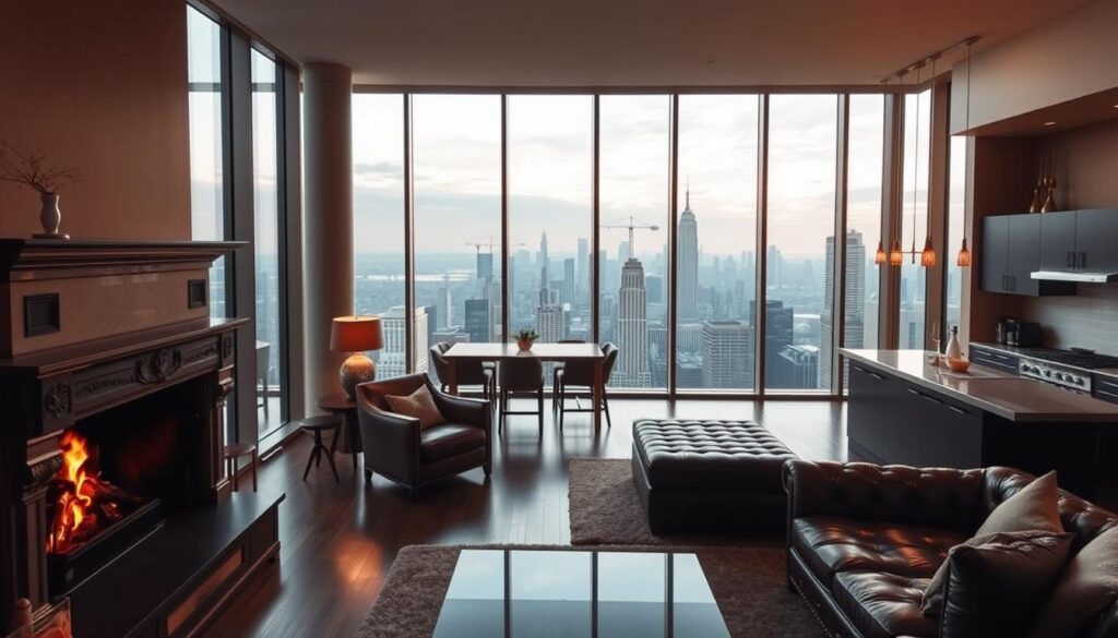 A cozy, well-appointed apartment with floor-to-ceiling windows overlooking a bustling city skyline. In the foreground, a tastefully decorated living room with plush leather furniture and a large, ornate fireplace. Warm, golden lighting casts a gentle glow, creating a serene and inviting atmosphere. The middle ground features a sleek, modern kitchen with stainless steel appliances and a central island. Outdoors, the city skyline stretches out, with skyscrapers and cranes in the distance, hinting at the dynamic real estate market. The scene conveys a sense of luxury, comfort, and successful property investment.