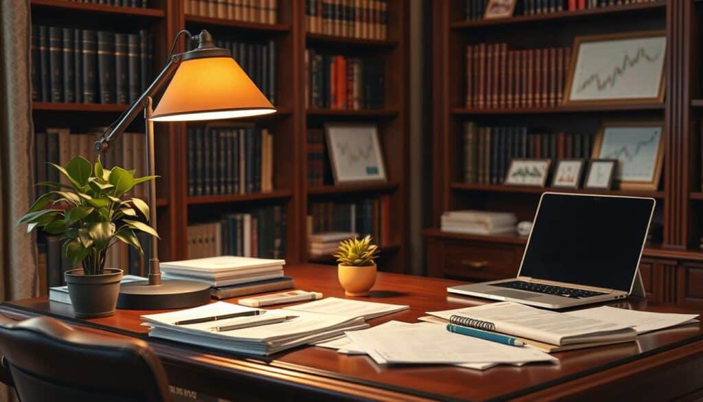A cozy yet sophisticated office setting, the warm glow of a desk lamp illuminating a neatly organized workspace. On the mahogany desk, various financial documents, a laptop, and a potted plant stand as symbols of diligent investment research. In the background, bookcases filled with financial tomes and framed stock charts hint at the depth of knowledge required for successful investing. The overall atmosphere conveys a sense of calm contemplation, where the viewer is invited to explore the fundamentals of investment opportunities.