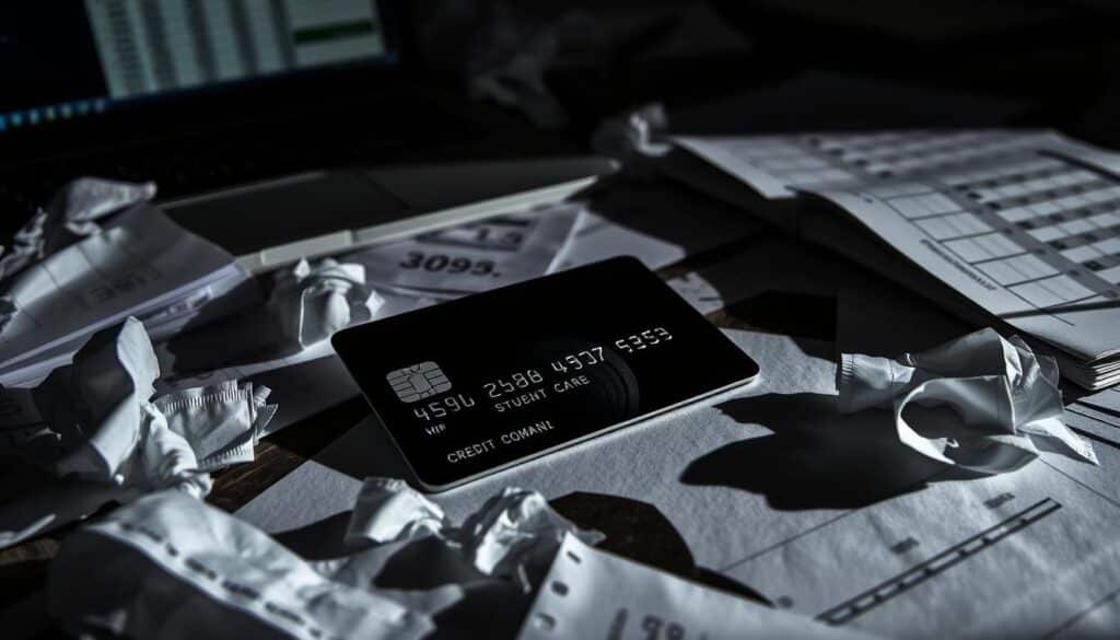 A credit card for students, cast in shadows and shades of gray, lies on a cluttered desk. Surrounding it, a scattered array of financial documents, crumpled receipts, and a laptop displaying a budgeting spreadsheet. The mood is one of uncertainty and unease, reflecting the potential risks and downsides of student credit card usage. Dramatic lighting creates deep contrasts, emphasizing the sense of burden and responsibility. The angle is slightly tilted, adding a sense of instability and the weight of financial decisions. The image conveys the complex challenges students face when navigating the world of credit and personal finance.