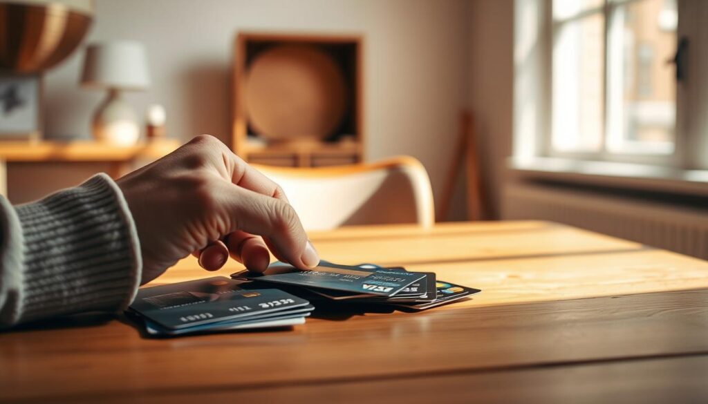 A crisp, well-lit scene depicting a person's hand carefully selecting a credit card from an array of options on a wooden table. The foreground features the hand and credit cards in focus, with a soft, blurred background showcasing a minimalist Nordic-inspired interior design. Warm, natural lighting casts subtle shadows, creating depth and highlighting the tactile textures of the materials. The composition should convey a sense of thoughtful consideration and decision-making, reflecting the theme of "Hvordan velge riktig kredittkort for dine behov".