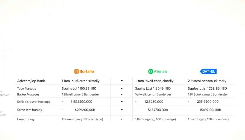 A detailed comparison of mortgage loan offerings from major Norwegian banks, depicted in a clean, minimalist style. The foreground shows a series of bank logos and icons representing key loan details such as interest rates, payment schedules, and fees, all arranged in a clear, side-by-side layout. The middle ground features a neutral-toned background with subtle grid patterns or geometric shapes, creating a sense of balance and professionalism. The lighting is soft and even, highlighting the informational elements without distracting from the core comparison. The overall mood is one of authority, clarity, and financial expertise, reflecting the subject matter of the article section.