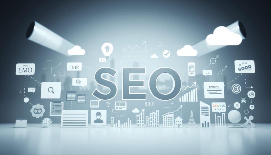 A detailed illustration of "SEO Teknikleri" showing various search engine optimization strategies and techniques. The image should have a clean, professional look with a neutral color palette. In the foreground, depict key SEO elements such as keyword research, on-page optimization, link building, and content marketing. In the middle ground, incorporate relevant icons, graphs, and data visualizations to convey SEO metrics and performance. In the background, include a abstract cityscape or technology-inspired landscape to suggest the digital nature of SEO. Use a slightly low-angle perspective to create a sense of depth and importance. Light the scene with soft, directional lighting to accentuate the details and convey a sense of expertise and authority.
