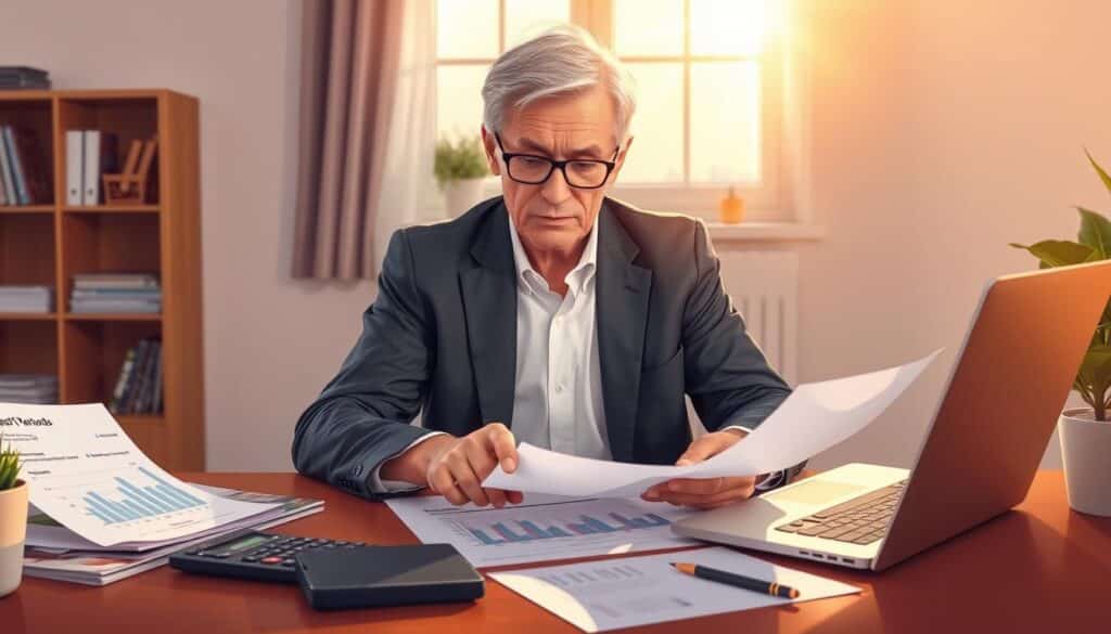 A detailed illustration of personal pension planning in a Norwegian context. The scene depicts a mature, well-dressed individual sitting at a desk, reviewing financial documents and charts. The lighting is warm and inviting, with soft natural light streaming in through a window in the background. The individual appears thoughtful and focused, surrounded by symbols of wealth management such as a calculator, a retirement fund brochure, and a laptop displaying investment projections. The overall atmosphere conveys a sense of diligence, expertise, and financial responsibility, reflecting the careful planning required for a secure retirement in Norway.