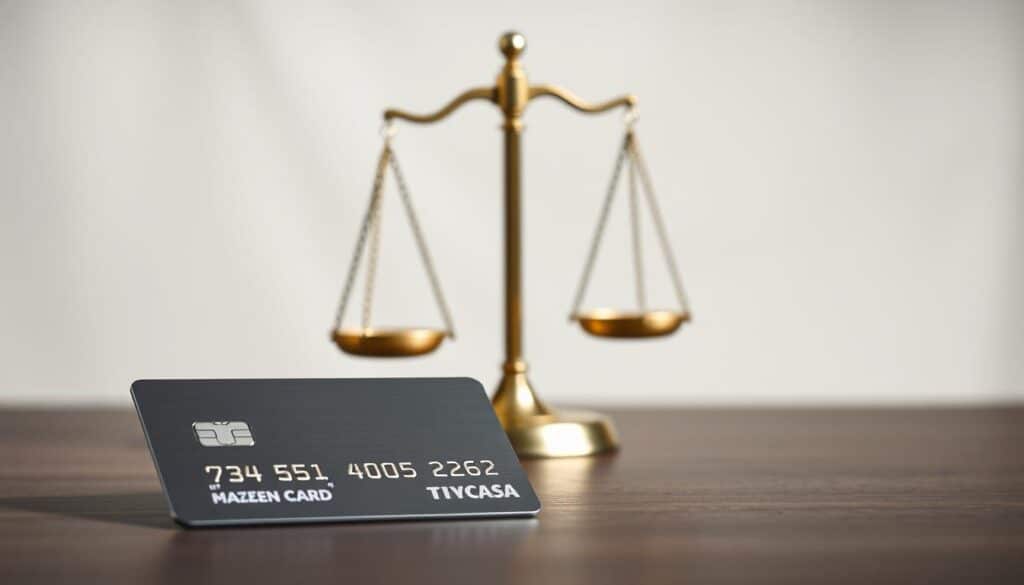 A detailed illustration of the advantages and risks associated with credit card usage. In the foreground, a sleek metal credit card with a subtle reflection, conveying a sense of modern financial power. The middle ground features a well-balanced scale, symbolizing the trade-offs between the benefits and drawbacks of credit card ownership. The background is a soft, blurred gradient in muted tones, creating a professional, corporate atmosphere. The lighting is soft and directional, accentuating the contours of the card and the scale. The camera angle is slightly elevated, giving the composition a sense of authority and importance. Overall, the image should evoke a thoughtful, analytical perspective on the nuances of credit card utilization.