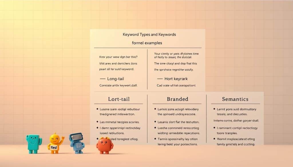 A detailed illustration showcasing the different types of keywords, their characteristics, and strategic usage. In the foreground, a set of colorful, distinct keyword icons representing long-tail, short-tail, branded, and semantic keywords. In the middle ground, a glossary-style layout with succinct definitions and examples for each keyword type. The background features a muted grid pattern, subtly conveying the structured, organized nature of keyword taxonomy. Warm, balanced lighting casts a professional, educational atmosphere. The composition is clean, minimalist, and visually compelling, designed to clearly communicate the key concepts of the "Keyword Types and Usage Strategies" section.