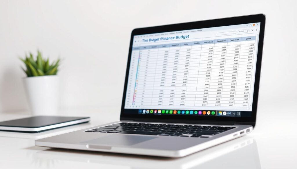 A detailed, organized budget spreadsheet with neat columns and rows, displayed on a sleek, silver laptop against a clean, minimalist desk. The lighting is soft and even, creating a professional, focused atmosphere. The budget categories are clearly labeled, with icons and colors to distinguish different expense types. The overall impression is one of financial organization, control, and a thoughtful approach to personal finance.
