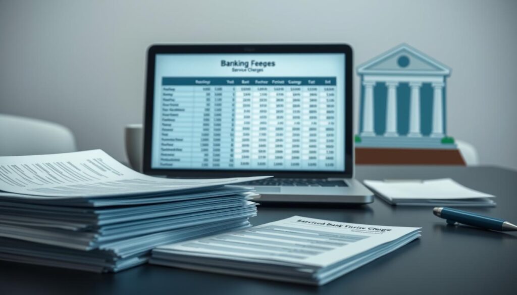 A detailed scene of banking fees and charges displayed on a contemporary desk. In the foreground, a stack of bank statements and financial documents neatly arranged. The middle ground showcases a laptop open to a spreadsheet, highlighting various banking fees and service charges. In the background, a stylized illustration of a bank building with a clean, minimalist design. The lighting is soft and diffused, creating a professional and authoritative atmosphere. The overall composition conveys a sense of organization, attention to detail, and the importance of understanding banking costs and fees.