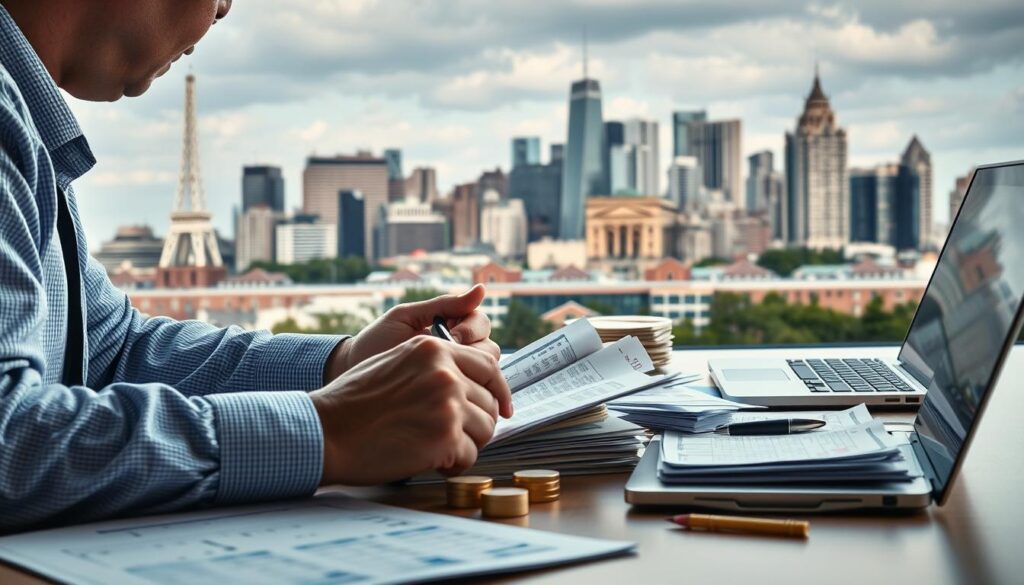 A detailed, well-lit financial scene depicting the concept of "Debt Management". In the foreground, a person reviews financial documents and calculations, conveying the notion of carefully managing debt obligations. The middle ground showcases various financial instruments such as bills, statements, and a laptop, emphasizing the importance of financial record-keeping. In the background, a city skyline with a mixture of modern and historical architecture provides a sense of context and the broader financial landscape. The overall mood is one of focus, responsibility, and a structured approach to personal finance.