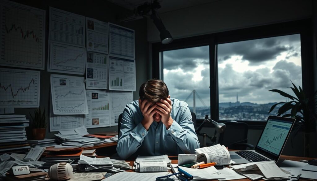 A dimly lit office space, the walls adorned with financial charts and graphs. In the foreground, a frustrated investor sits at a cluttered desk, head in hands, surrounded by crumpled papers and a laptop displaying complex spreadsheets. The middle ground features a maze of investment options - stocks, bonds, cryptocurrencies - all tangled and overwhelming. In the background, a looming sense of uncertainty, with ominous clouds gathering outside the window. The scene conveys the common mistakes of novice investors: overconfidence, lack of research, and emotional decision-making, all set against a backdrop of financial complexity and market volatility.