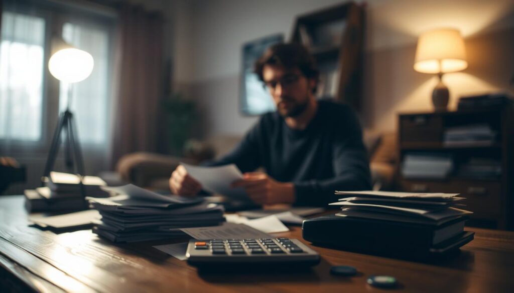 A dimly lit room with a wooden table in the foreground, cluttered with stacks of receipts, bills, and a calculator. In the middle ground, a person sits with a focused expression, carefully reviewing their finances. The background is blurred, conveying a sense of concentration and determination. Soft, warm lighting casts a contemplative mood, as the person contemplates strategies to reduce their expenses. The scene is captured with a shallow depth of field, emphasizing the central figure's pensive state. The overall atmosphere suggests the process of gaining control over personal finances through careful budgeting and cost-cutting measures.