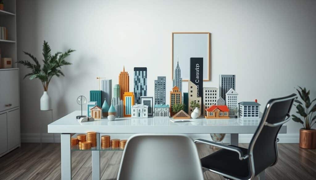 A diverse array of financial assets against a backdrop of a clean, minimalist office setting. A well-balanced investment portfolio takes center stage, with various elements like stocks, bonds, and real estate models meticulously arranged. Muted lighting casts a calm, professional atmosphere, while a sleek, modern desk and chair provide a sense of sophistication. The composition emphasizes the importance of diversification in personal finance, with the goal of illustrating how to avoid common mistakes in savings and investment planning.