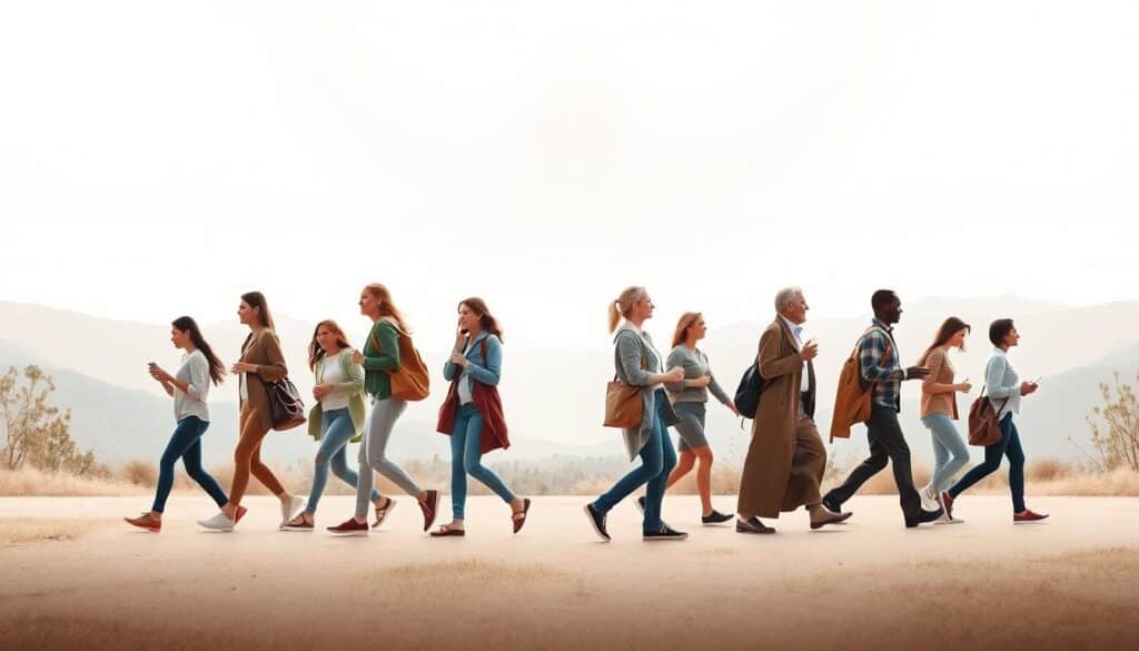 A diverse array of individuals navigating different life stages, from young adulthood to retirement, against a backdrop of a serene, minimalist landscape. The foreground features a variety of people, each representing a unique phase of life, engaged in activities that symbolize their financial and personal priorities. The middle ground depicts a tranquil, nature-inspired setting with soft lighting and a muted color palette, creating a sense of balance and harmony. The background showcases a clean, geometric architectural element, suggesting the structured approach to financial planning and diversification. The overall composition conveys the idea of navigating through the ebbs and flows of life while maintaining financial stability and well-being.