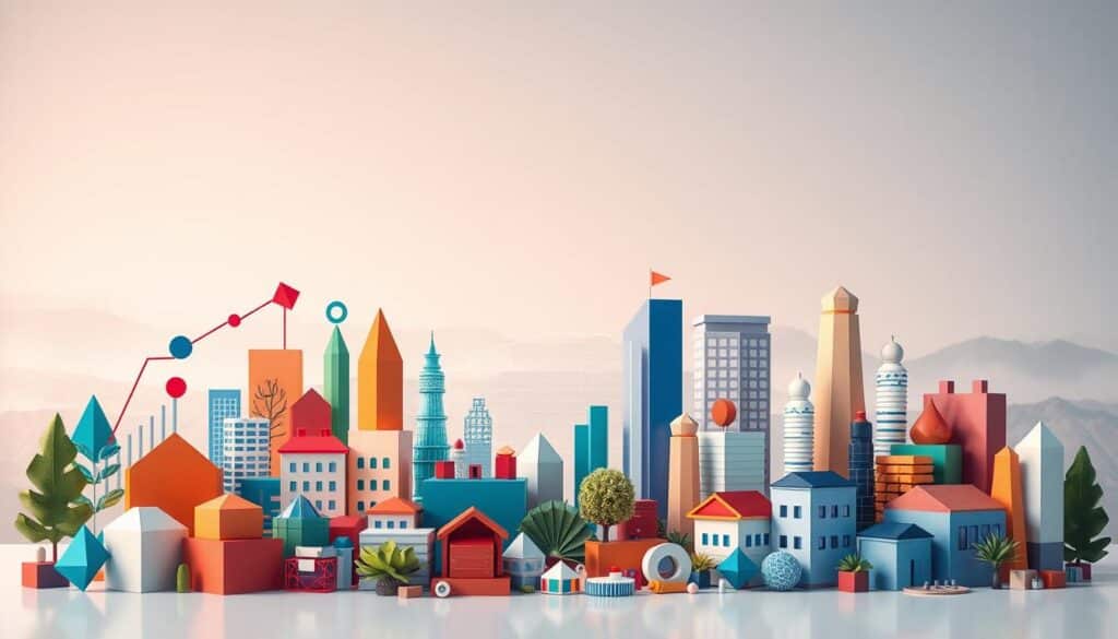 A diverse investment portfolio arranged in a visually compelling manner. In the foreground, a dynamic mix of financial instruments such as stocks, bonds, real estate, and commodities, represented by abstract geometric shapes in a vibrant color palette. In the middle ground, a three-dimensional grid or network structure symbolizing the interconnectedness of these assets. In the background, a serene, minimalist landscape with subtle gradients and clean lines, evoking a sense of balance and stability. The overall composition should convey the idea of diversification as a key strategy for achieving steady growth, with a sophisticated, contemporary aesthetic.