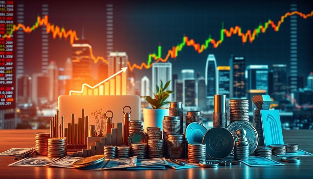 A diversified stock portfolio against a backdrop of financial charts and graphs, illuminated by warm, natural lighting. The foreground features various investment icons like stocks, bonds, and currencies, arranged in a visually striking composition. The middle ground showcases a modern, minimalist office setting with a laptop, potted plant, and other professional accoutrements. The background displays a cityscape of skyscrapers and stock exchange tickers, conveying a sense of dynamic economic activity. The overall mood is one of confidence, stability, and long-term growth.