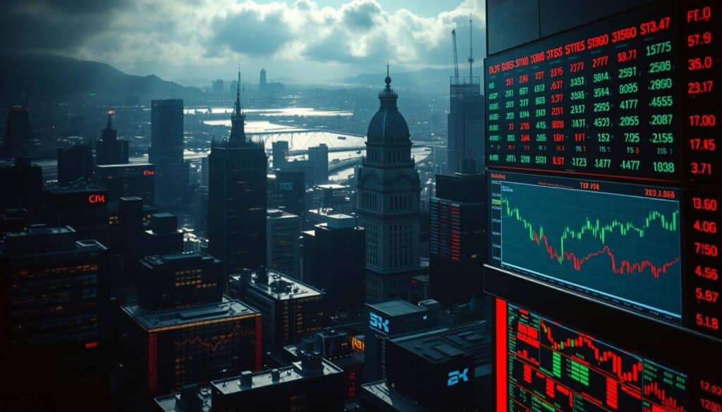 A dramatic, moody stock market scene with a shimmering cityscape in the background. In the foreground, a chaotic tangle of colorful financial charts, graphs, and stock tickers, conveying the complexity and volatility of the Norwegian stock market. The lighting is dramatic, with shadows and highlights casting a sense of urgency and tension. The camera angle is slightly low, looking up at the scene, emphasizing the towering, intimidating nature of the market. The overall atmosphere is one of uncertainty, risk, and the weight of economic forces beyond individual control.