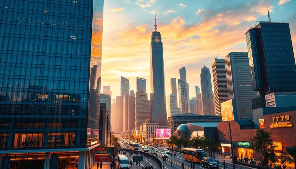 A dynamic, futuristic cityscape with a glowing, vibrant skyline. In the foreground, a sleek, modern office building stands tall, its glass facade reflecting the cityscape around it. The building's architecture features clean lines, sharp angles, and a sense of efficiency and productivity. In the middle ground, a bustling street scene with people hurrying to and fro, conveying a sense of energy and economic activity. The background is filled with a towering, gleaming skyscrapers reaching towards the sky, symbolizing the growth and ambition of the local economy. The scene is bathed in a warm, golden light, creating a sense of optimism and prosperity. The overall atmosphere is one of innovation, dynamism, and the relentless pursuit of competitiveness.