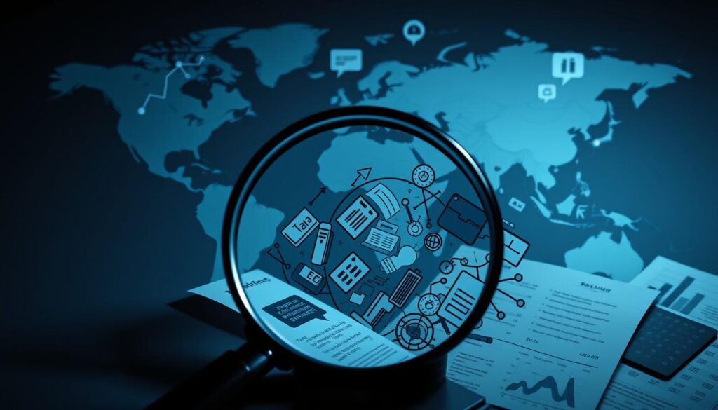 A high-contrast, detailed illustration of international tax regulations, depicting a world map in the background with various tax-related icons and symbols floating above it. The foreground features a magnifying glass examining a complex web of financial documents, charts, and calculations, symbolizing the intricate nature of global tax systems. The scene is bathed in a cool, authoritative color palette, with dramatic lighting that casts shadows and highlights the technical complexity of the subject matter. The overall mood is one of thoughtful analysis and careful consideration of the international aspects of tax planning.