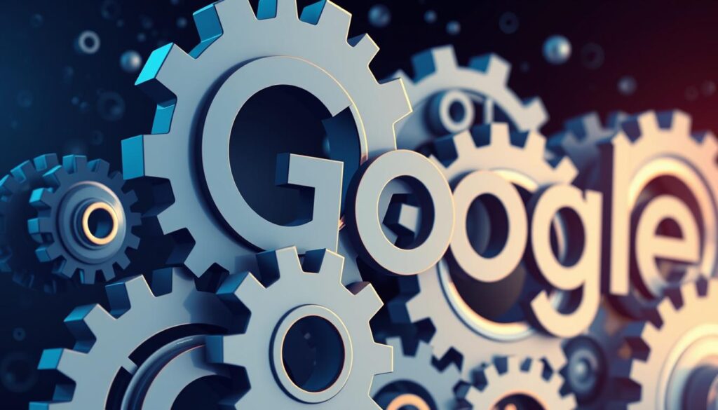 A high-contrast digital illustration depicting a series of gears, cogs, and mechanical components representing the algorithmic updates and changes made by Google over time. The gears should be arranged in a way that suggests the complex and ever-evolving nature of Google's search engine algorithms. The illustration should have a futuristic, technological aesthetic with a color palette of blues, grays, and metallic tones to convey the advanced and sophisticated nature of Google's algorithm updates. The overall composition should strike a balance between the ordered, systematic nature of the mechanical components and the dynamic, unpredictable nature of algorithm changes.