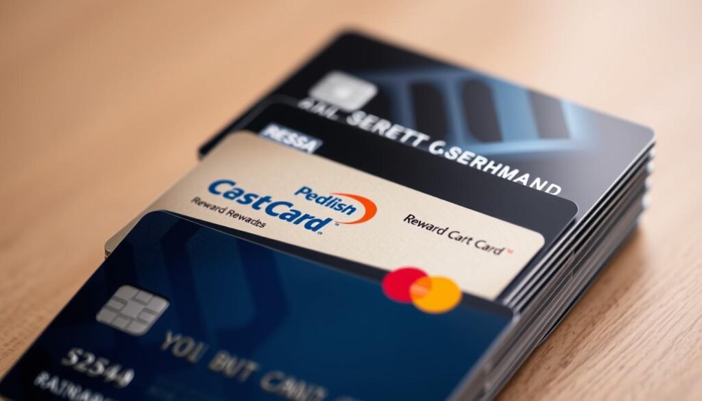 A high-quality closeup photograph of a stack of credit cards, displaying various credit card reward program logos and designs. The cards are arranged in a visually appealing manner, with attention to lighting and composition. The image conveys a sense of sophistication and exclusivity, reflecting the premium nature of the credit card rewards programs. The background is slightly blurred, keeping the focus on the credit cards. The lighting is soft and diffused, creating a warm and inviting atmosphere. The image should be suitable for use in an article about the top credit card rewards programs in Norway.