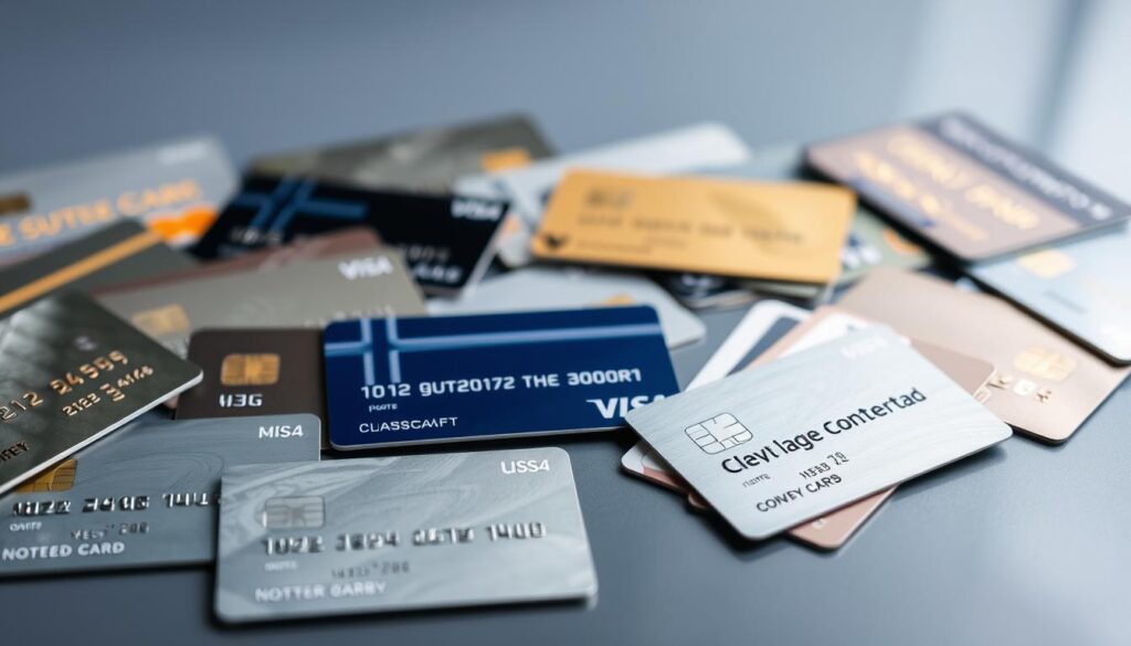 A high-resolution image showcasing various types of credit cards in Norway. The foreground features a collection of different card designs, from classic silver and gold cards to modern contactless and metal cards. The middle ground shows the cards laid out on a sleek, reflective surface, allowing for a clear view of their details and textures. The background subtly blends shades of blue and gray, creating a professional, financial atmosphere. The lighting is natural and evenly distributed, highlighting the cards' visual appeal and material properties. The camera angle is slightly elevated, providing an overview of the diverse credit card options available to Norwegian consumers.