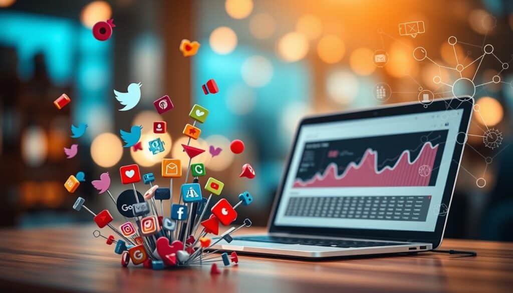 A highly detailed, cinematic image of "sosyal sinyaller" (social signals) as they relate to Google ranking. In the foreground, a series of colorful social media icons and engagement metrics float and interact against a blurred background. The middle ground features a sleek, modern laptop displaying Google Analytics data, hinting at the connection between social activity and search performance. The background is a soft, bokeh-filled environment with subtle visual cues like mobile devices, hashtags, and network diagrams, all bathed in a warm, ambient lighting. The overall mood is one of digital interconnectedness, highlighting the importance of social signals in enhancing one's Google search ranking.