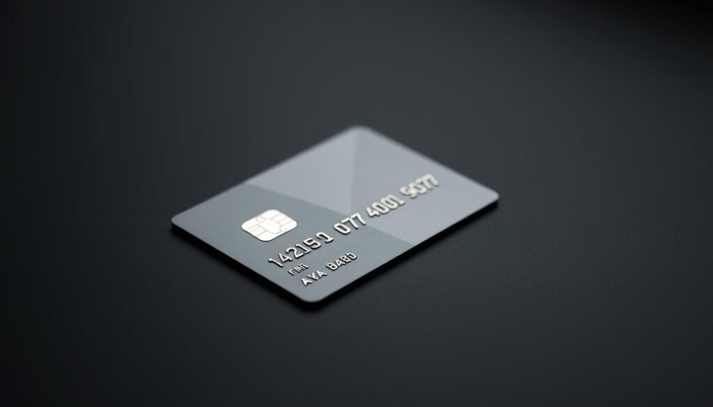 A meticulously crafted close-up shot of a credit card resting on a minimalist, matte black surface, illuminated by soft, directional lighting that casts subtle shadows, highlighting the card's textured edges and embossed details. The card appears crisp and pristine, symbolizing the importance of physical protection for financial security. The image conveys a sense of precision, care, and the significance of safeguarding one's financial assets through responsible credit card management.