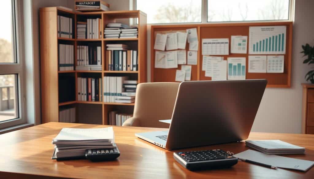 A meticulously designed office setting, bathed in warm, natural lighting that filters through large windows. In the foreground, a well-organized desk showcases a laptop, a stack of neatly arranged documents, and a calculator - the tools of financial management. The middle ground features a comfortable chair and a bookshelf filled with financial books and manuals, conveying a sense of expertise and control. In the background, a cork board displays budget sheets, payment schedules, and debt tracking charts, all meticulously maintained. The overall atmosphere emanates a feeling of financial responsibility and empowerment, reflecting the theme of "Håndtering av gjeld og kreditt".