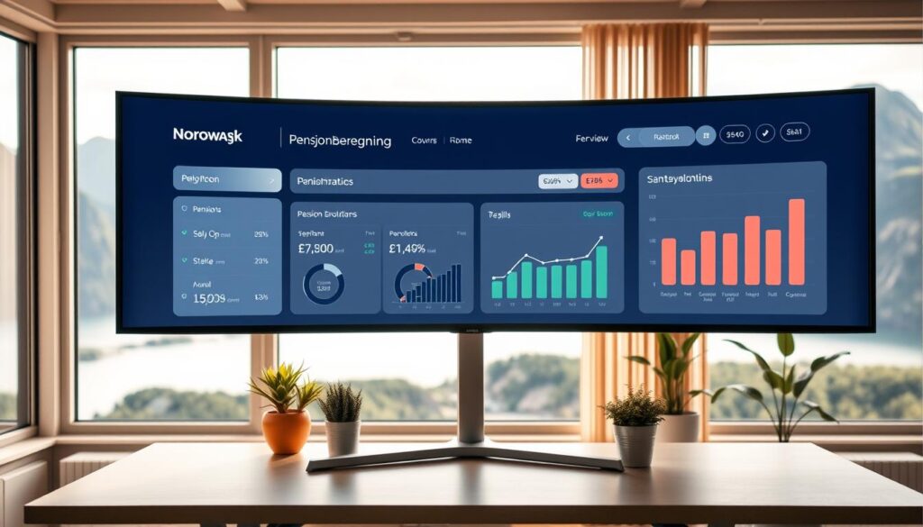 A meticulously designed pensjonberegning dashboard displayed on a sleek, ultrawide monitor. The foreground features a modern, minimalist interface with clean typography, intuitive controls, and detailed charts visualizing pension calculations. The middle ground showcases a serene office setting with a stylish desk, potted plants, and a floor-to-ceiling window offering a picturesque view of a Norwegian fjord landscape in the background. Warm, natural lighting filters through the window, casting a soft, contemplative glow over the scene. The overall atmosphere is one of thoughtful financial planning, effortless functionality, and a connection to the tranquil, natural surroundings.