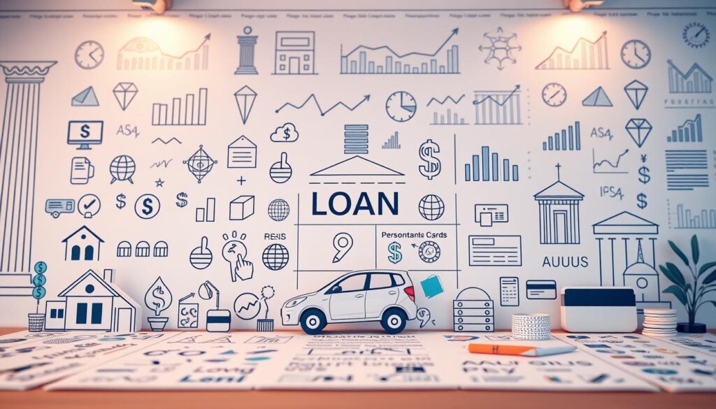 A meticulously detailed illustration of different loan types, shot with a wide-angle lens in a warm, inviting lighting. The foreground features a variety of financial icons and symbols representing diverse lending options, such as mortgages, auto loans, personal loans, and credit cards. The middle ground showcases these loan types in a clean, minimalist layout, allowing for easy comparison and analysis. The background subtly blends financial graphs, charts, and architectural elements, creating a professional, financial setting. The overall mood is one of clarity, organization, and helpful information, serving to educate and guide the viewer on the characteristics and differences between various loan products.