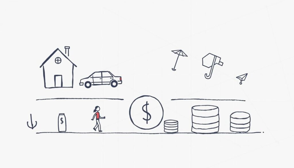 A minimalist, hand-drawn-style illustration of various personal financial goals and savings targets, such as a house, a car, retirement, vacation, education, and emergency fund. The elements are arranged in a clean, organized layout against a soft, pastel-colored background, with subtle grid lines or graph paper texture to convey the idea of planning and budgeting. The overall mood is one of focus, clarity, and attainable aspirations, encouraging the viewer to thoughtfully consider their own savings objectives.