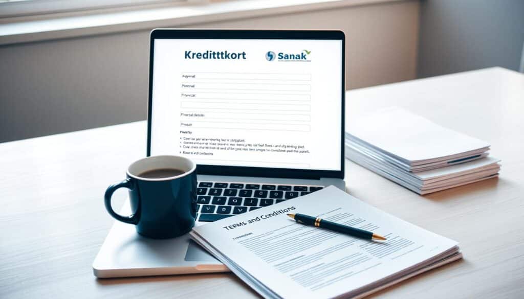 A minimalist office desk with a laptop, a pen, and a stack of documents labeled "Kredittkort Søknad". The laptop screen displays a digital application form with fields for personal information, financial details, and terms and conditions. A Nordic-style mug of coffee sits next to the laptop, hinting at the focused and contemplative atmosphere. Soft, natural lighting from a nearby window casts a warm glow over the scene, creating a sense of professionalism and efficiency. The overall composition conveys the methodical process of applying for a credit card in Norway.
