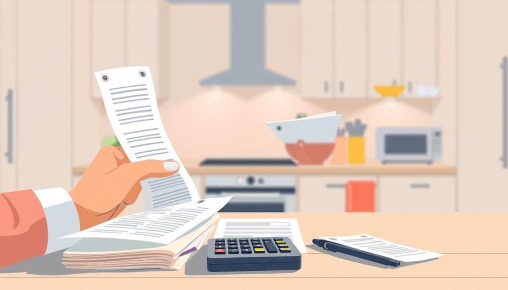 A minimalistic yet vibrant illustration showcasing practical tips for reducing everyday shopping expenses. In the foreground, a person's hands are meticulously sorting through receipts and bills, carefully examining each item. The middle ground features a neatly organized shopping list and a calculator, emphasizing the importance of budgeting and tracking spending. In the background, a modern, well-lit kitchen backdrop sets the scene, creating a sense of domestic tranquility. The overall mood is one of focus and determination, conveying the idea of taking control of personal finances through strategic shopping habits.