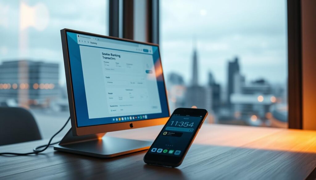 A modern banking interface with sleek, minimalist design. In the foreground, a desktop computer screen displays an online banking transaction page, with clean layouts and intuitive controls. Soft blue hues and crisp typography create a professional, trustworthy atmosphere. In the middle ground, a smartphone rests on the desk, reflecting the same banking interface, emphasizing the seamless connectivity between devices. The background features a blurred cityscape through a large window, suggesting the digital nature of modern financial services. Warm, diffused lighting casts a subtle glow, conveying a sense of security and reliability. The overall composition highlights the convenience and sophistication of online banking transfers.