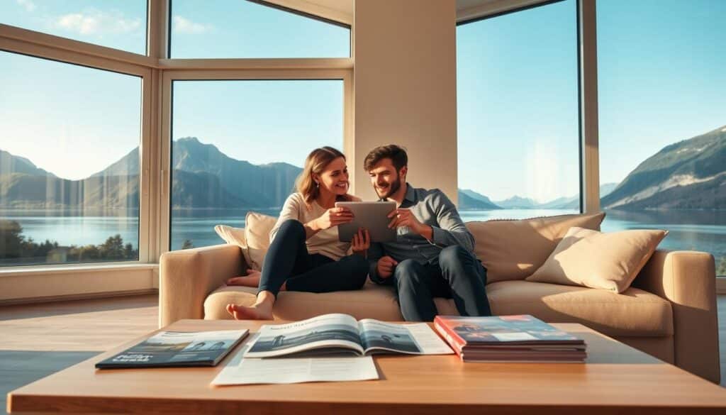 A modern, clean-lined living room with a large window overlooking a picturesque Norwegian fjord landscape. In the foreground, a young couple sits on a plush couch, discussing mortgage options on a tablet device. On the coffee table, various brochures and documents related to special home loan products are neatly arranged. The lighting is soft and natural, with the warm glow of the afternoon sun filtering in. The overall mood is one of thoughtful consideration and financial planning, reflecting the section's focus on tailored mortgage solutions for different life stages.